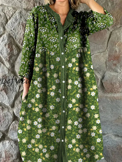 Retro Boho Floral Art Print Vintage Chic V-Neck Button Up Long Sleeve Midi Dress A / S