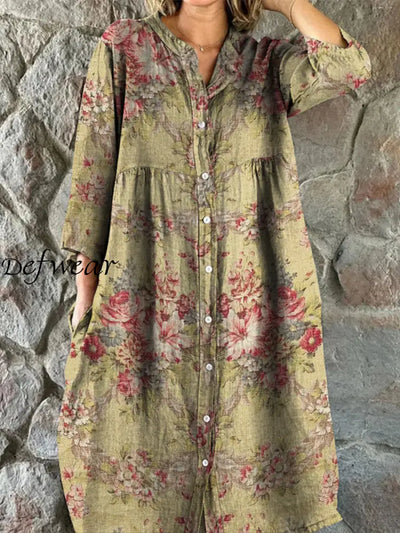 Retro Boho Floral Art Print Vintage Chic V-Neck Button Up Long Sleeve Midi Dress A / S