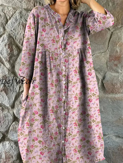 Retro Boho Floral Art Print Vintage Chic V-Neck Button Up Long Sleeve Midi Dress A / S