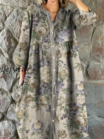 Retro Boho Floral Art Print Vintage Chic V-Neck Button Up Long Sleeve Midi Dress A / S