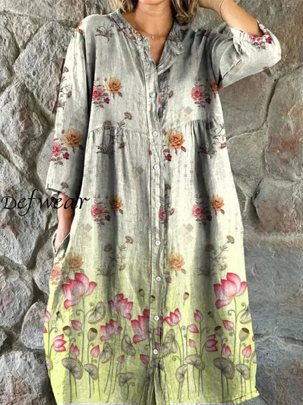 Retro Boho Floral Art Print Vintage Chic V-Neck Button Up Long Sleeve Midi Dress A / S