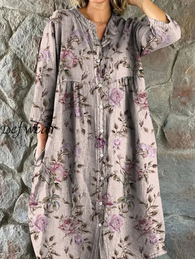 Retro Boho Floral Art Print Vintage Chic V-Neck Button Up Long Sleeve Midi Dress A / S