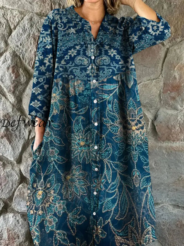 Retro Boho Floral Art Print Vintage Chic V-Neck Button Up Long Sleeve Midi Dress A / S