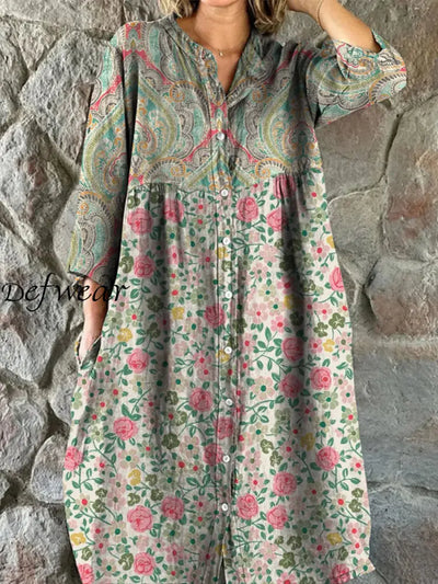 Retro Boho Floral Art Print Vintage Chic V-Neck Button Up Long Sleeve Midi Dress A / S