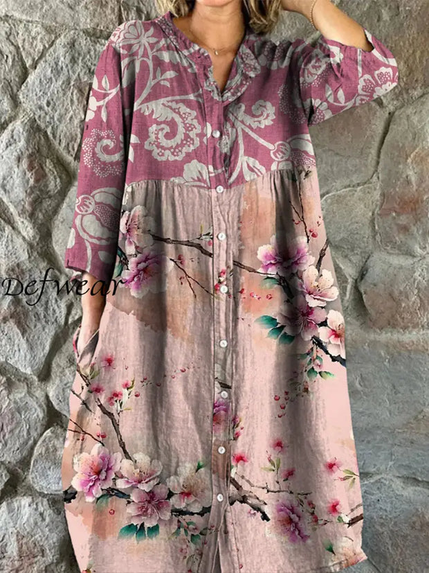 Retro Boho Floral Art Print Vintage Chic V-Neck Button Up Long Sleeve Midi Dress A / S