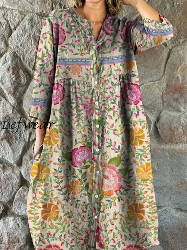 Retro Boho Floral Art Print Vintage Chic V-Neck Button Up Long Sleeve Midi Dress A / S