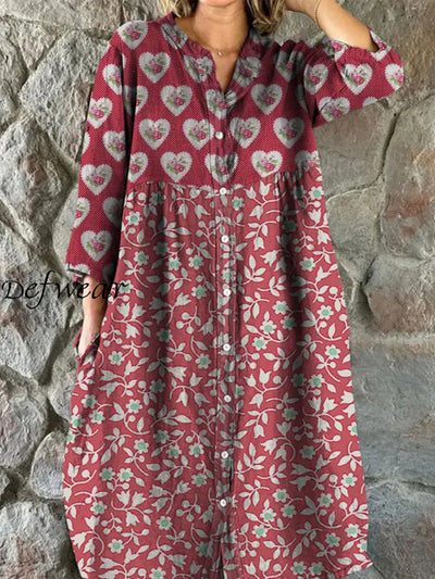 Retro Boho Floral Art Print Vintage Chic V-Neck Button Up Long Sleeve Midi Dress A / S