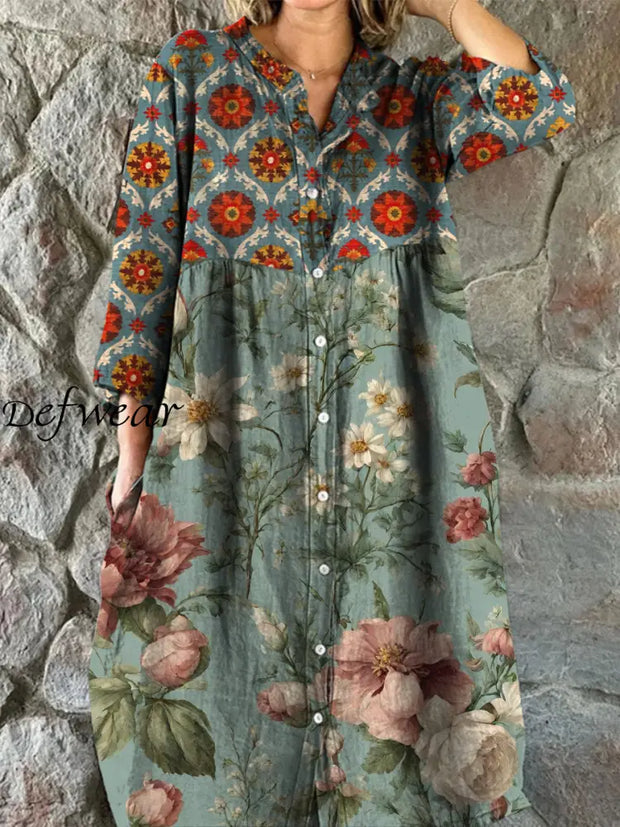 Retro Boho Floral Art Print Vintage Chic V-Neck Button Up Long Sleeve Midi Dress A / S