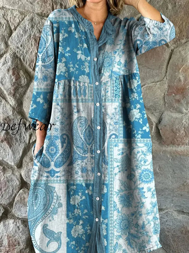 Retro Boho Floral Art Print Vintage Chic V-Neck Button Up Long Sleeve Midi Dress A / S