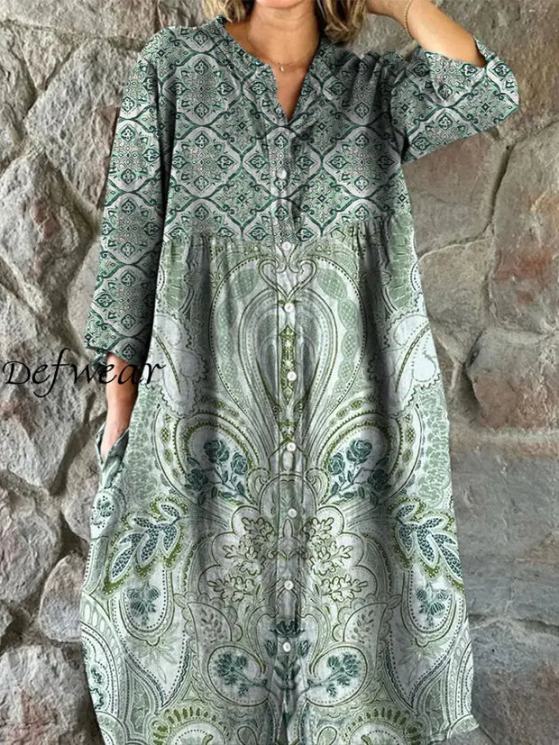 Retro Boho Floral Art Print Vintage Chic V-Neck Button Up Long Sleeve Midi Dress A / S