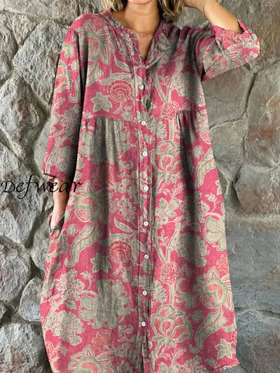 Retro Boho Floral Art Print Vintage Chic V-Neck Button Up Long Sleeve Midi Dress A / S