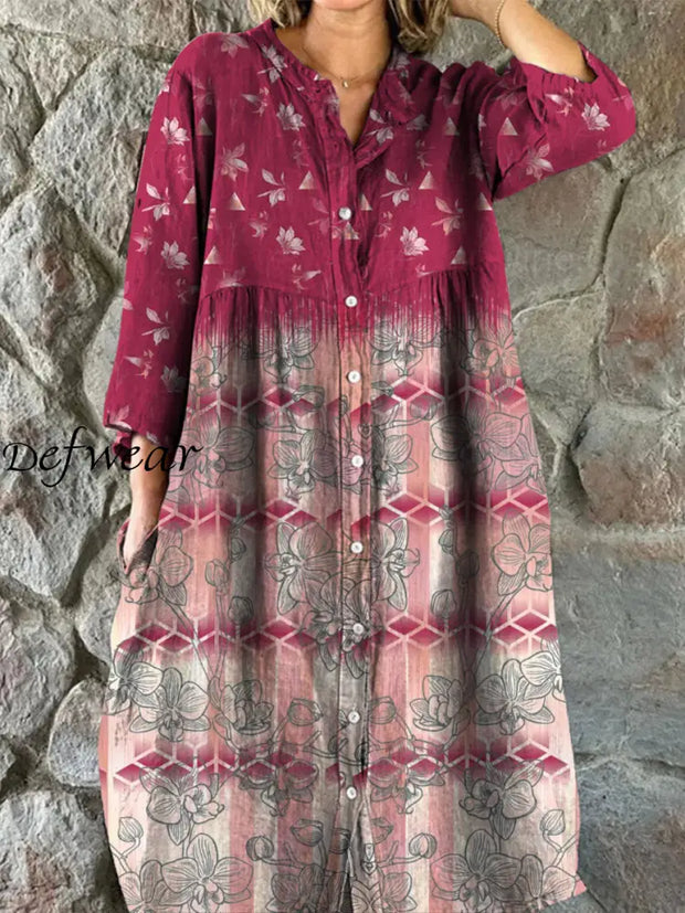 Retro Boho Floral Art Print Vintage Chic V-Neck Button Up Long Sleeve Midi Dress A / S