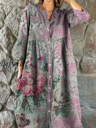 Retro Boho Floral Art Print Vintage Chic V-Neck Button Up Long Sleeve Midi Dress A / S