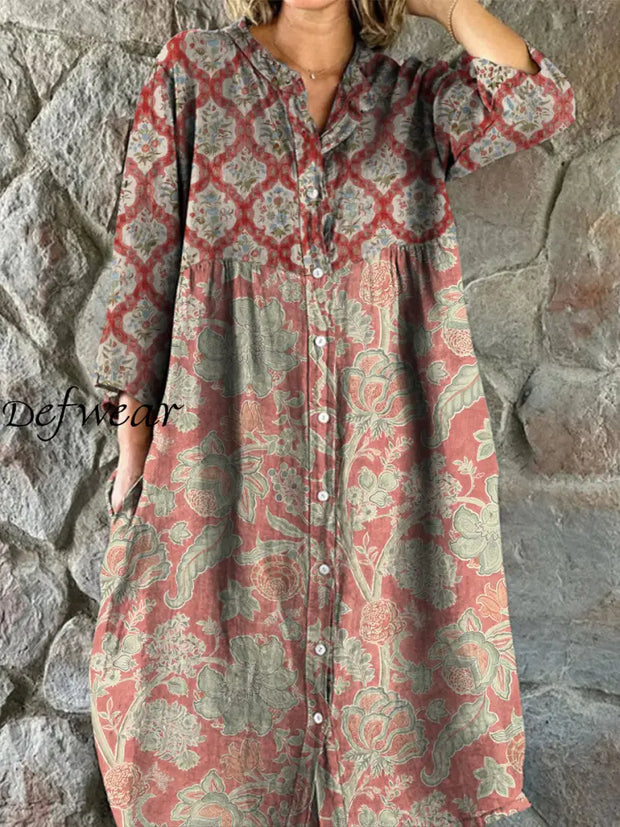 Retro Boho Floral Art Print Vintage Chic V-Neck Button Up Long Sleeve Midi Dress A / S