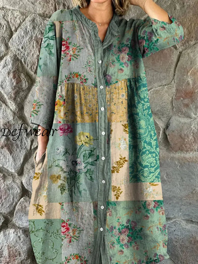 Retro Boho Floral Art Print Vintage Chic V-Neck Button Up Long Sleeve Midi Dress A / S