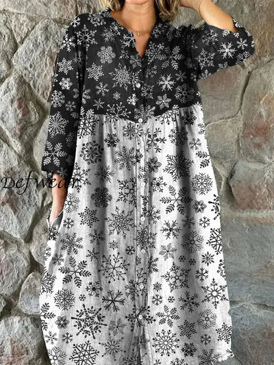 Retro Boho Floral Art Print Vintage Chic V-Neck Button Up Long Sleeve Midi Dress A / S