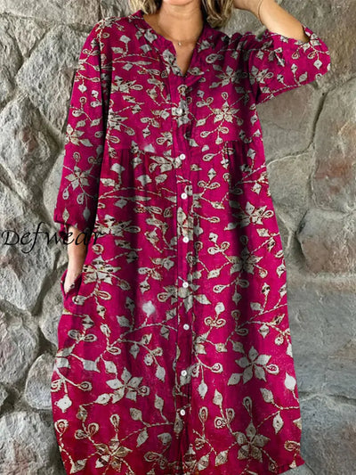 Retro Boho Floral Art Print Vintage Chic V-Neck Button Up Long Sleeve Midi Dress A / S