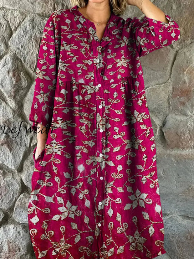 Retro Boho Floral Art Print Vintage Chic V-Neck Button Up Long Sleeve Midi Dress A / S