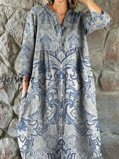 Retro Boho Floral Art Print Vintage Chic V-Neck Button Up Long Sleeve Midi Dress A / S