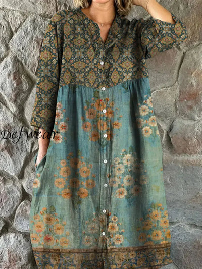 Retro Boho Floral Art Print Vintage Chic V-Neck Button Up Long Sleeve Midi Dress A / S