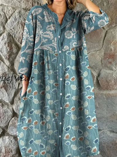 Retro Boho Floral Art Print Vintage Chic V-Neck Button Up Long Sleeve Midi Dress A / S