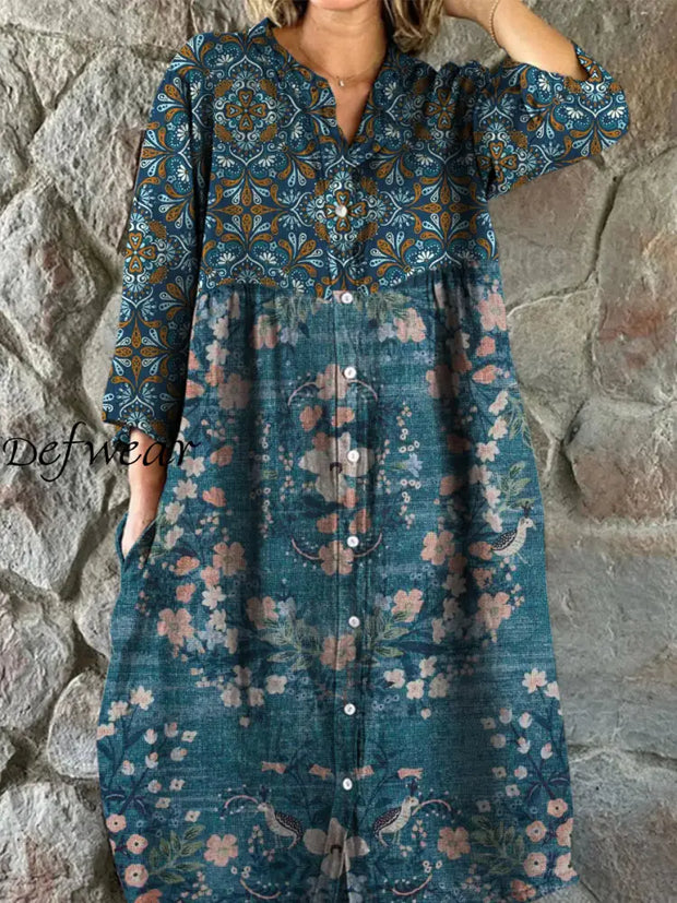 Retro Boho Floral Art Print Vintage Chic V-Neck Button Up Long Sleeve Midi Dress A / S