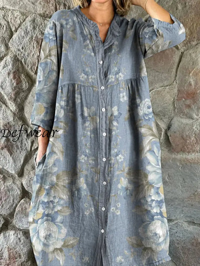 Retro Boho Floral Art Print Vintage Chic V-Neck Button Up Long Sleeve Midi Dress A / S