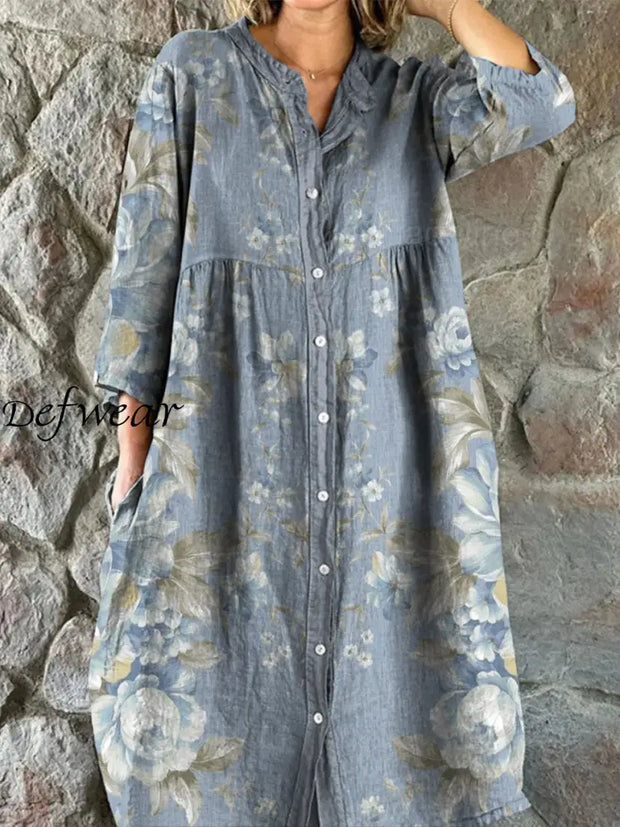 Retro Boho Floral Art Print Vintage Chic V-Neck Button Up Long Sleeve Midi Dress A / S