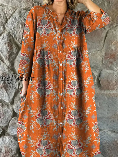 Retro Boho Floral Art Print Vintage Chic V-Neck Button Up Long Sleeve Midi Dress A / S