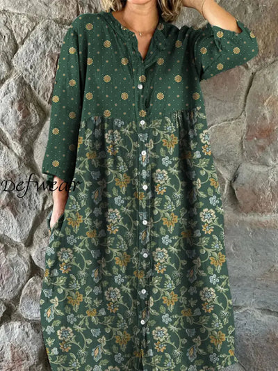 Retro Boho Floral Art Print Vintage Chic V-Neck Button Up Long Sleeve Midi Dress A / S