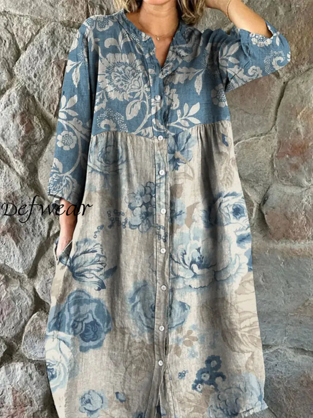 Retro Boho Floral Art Print Vintage Chic V-Neck Button Up Long Sleeve Midi Dress A / S