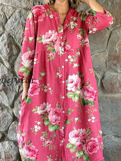 Retro Boho Floral Art Print Vintage Chic V-Neck Button Up Long Sleeve Midi Dress A / S