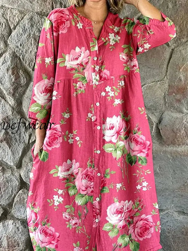 Retro Boho Floral Art Print Vintage Chic V-Neck Button Up Long Sleeve Midi Dress A / S