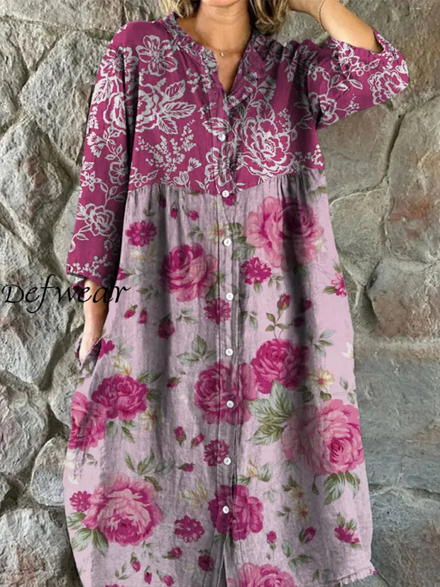 Retro Boho Floral Art Print Vintage Chic V-Neck Button Up Long Sleeve Midi Dress A / S