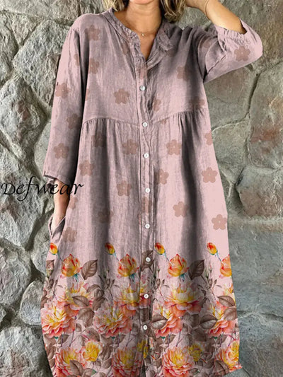 Retro Boho Floral Art Print Vintage Chic V-Neck Button Up Long Sleeve Midi Dress A / S