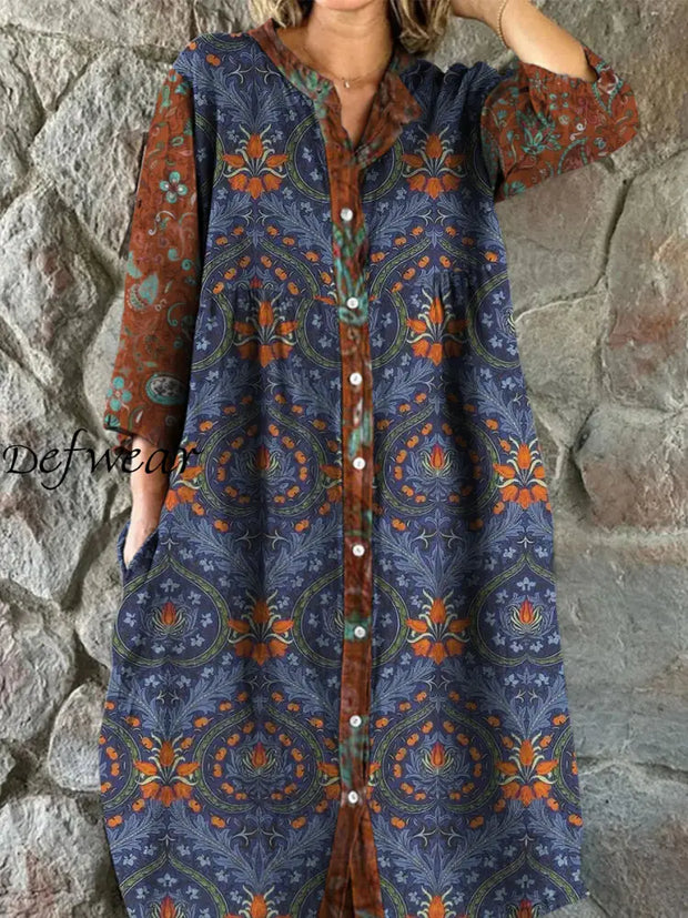 Retro Boho Floral Art Print Vintage Chic V-Neck Button Up Long Sleeve Midi Dress A / S