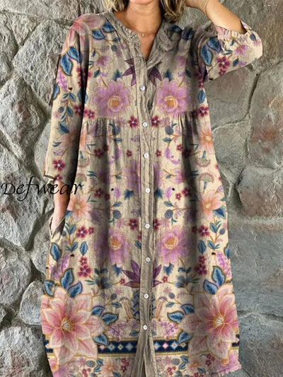 Retro Boho Floral Art Print Vintage Chic V-Neck Button Up Long Sleeve Midi Dress A / S