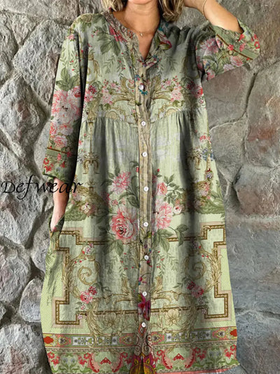 Retro Boho Floral Art Print Vintage Chic V-Neck Button Up Long Sleeve Midi Dress A / S