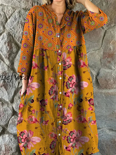 Retro Boho Floral Art Print Vintage Chic V-Neck Button Up Long Sleeve Midi Dress A / S