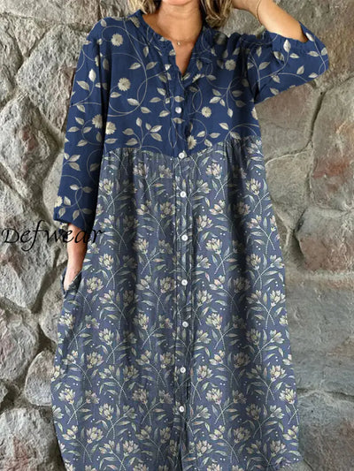 Retro Boho Floral Art Print Vintage Chic V-Neck Button Up Long Sleeve Midi Dress A / S