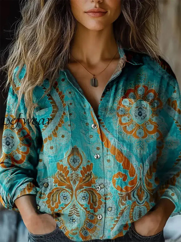 Retro Boho Floral Art Print Vintage Chic V-Neck Button Up Long Sleeve Shirt A / S