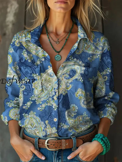 Retro Boho Floral Art Print Vintage Chic V-Neck Button Up Long Sleeve Shirt A / S