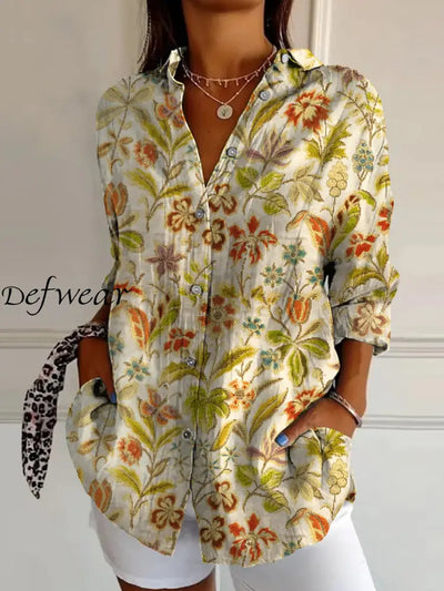 Retro Boho Floral Art Print Vintage Chic V-Neck Button Up Long Sleeve Shirt A / S