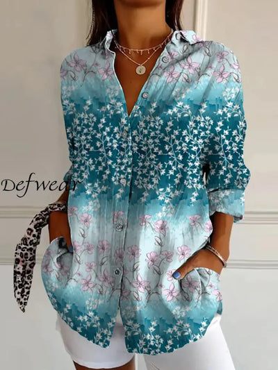 Retro Boho Floral Art Print Vintage Chic V-Neck Button Up Long Sleeve Shirt A / S