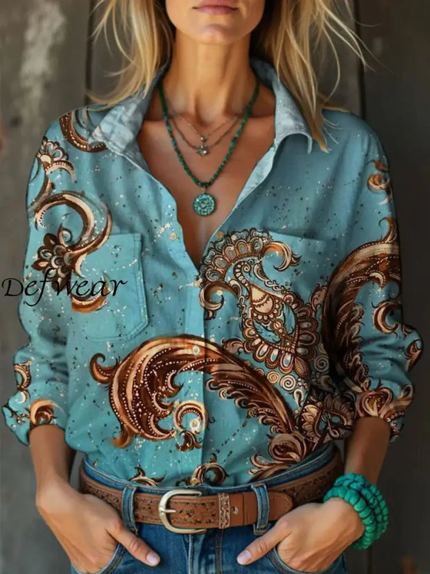 Retro Boho Floral Art Print Vintage Chic V-Neck Button Up Long Sleeve Shirt A / S