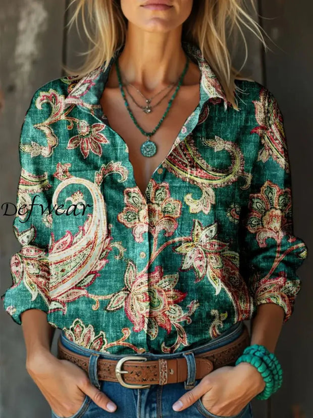 Retro Boho Floral Art Print Vintage Chic V-Neck Button Up Long Sleeve Shirt A / S