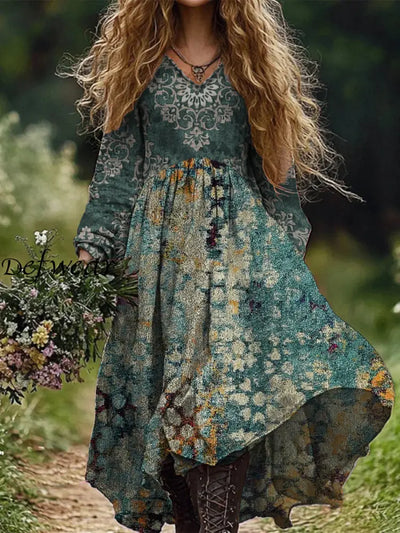 Retro Boho Floral Art Print Vintage Chic V-Neck Cotton Long Sleeve Midi Dress A / S