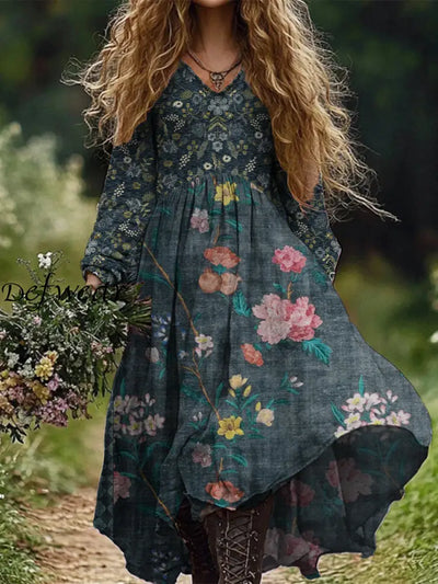 Retro Boho Floral Art Print Vintage Chic V-Neck Cotton Long Sleeve Midi Dress A / S