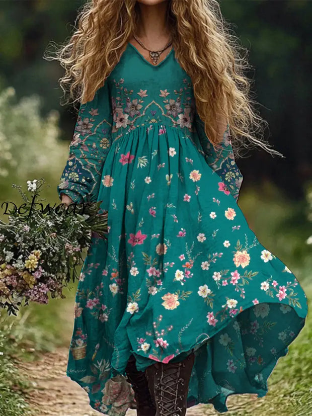 Retro Boho Floral Art Print Vintage Chic V-Neck Long Sleeve Midi Dress A / S