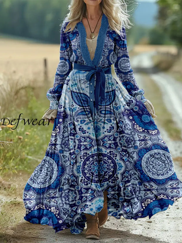 Retro Boho Floral Art Print Vintage Chic Waist Strap V-Neck Cotton Long Sleeve Midi Dress A / S